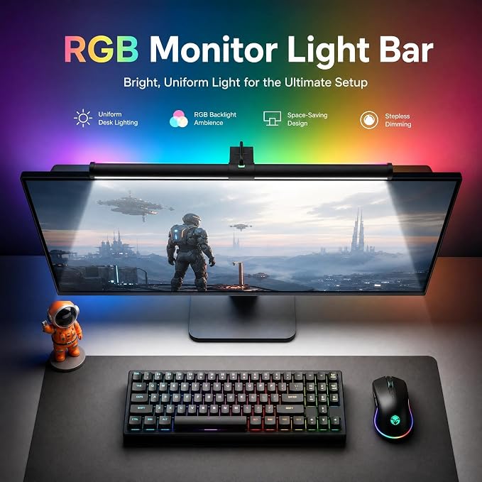 RGB Monitor Light Bar Dual USB Reading Screen Lamp Touch Switch | Dual-Sided 15 Modes Gaming Ambient Light Bar Eye-Care Non-Remote RGB Mood Lighting Lamp for Home Office Study 15" x 0.8"