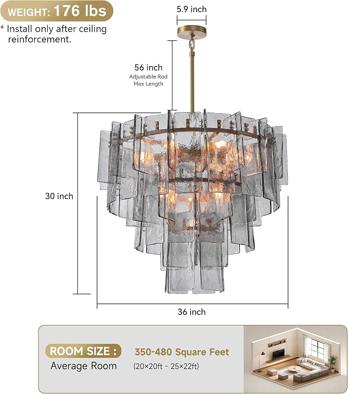 36" Extra Large Tiered Smoked Clear Textured Glass Chandelier, 10-Light Modern Pendant Lighting with E26 Sockets, 56" Adjustable Rods, Ceiling Fixture for Dining Room, Living Room, Foyer (Gold)