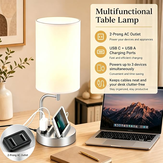 Dreamholder Touch Control USB Table Lamp with USB C/A & AC Outlet, 3-Way Dimmable Bedside Lamp, Modern Nightstand Lamps for Bedroom Living Room Guest Room Office, Bulb Included, Silver