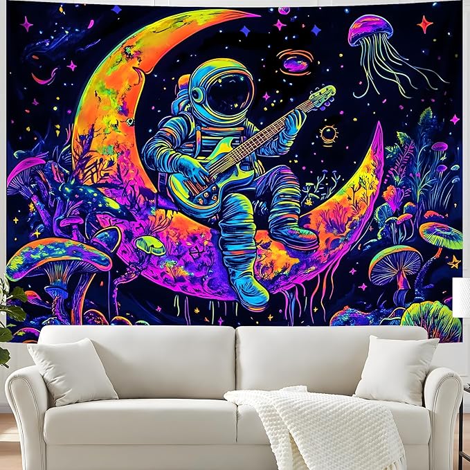BVBOX Blacklight Space Astronaut Tapestry UV Reactive Galaxy Planet Glow in Dark Tapestries Black Light Poster Neon Wall Hanging Art for bedroom Living Room (Astronaut & Guitar-3M)