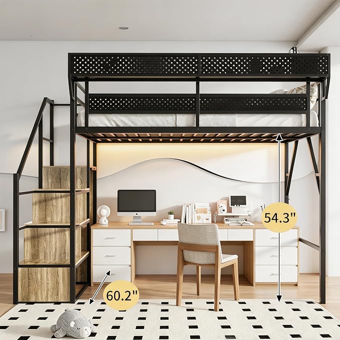 Queen Size Metal Loft Bed with Reversible Stairs and LED & USB Port | Storage Shelf, Reversible Storage Stairs with Wardrobe, LED Lights,USB Charging Port,Sturdy Noise-Free Design,Large Under Bed
