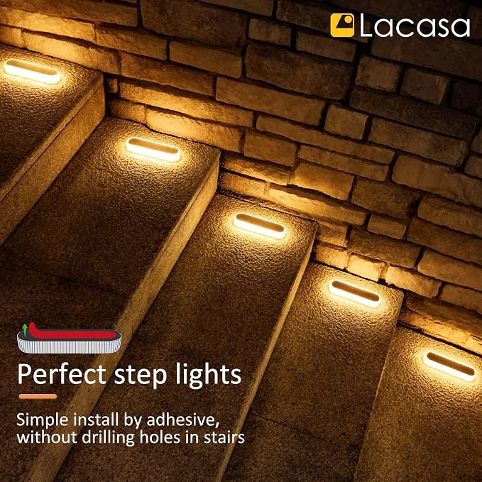 Lacasa Solar Deck Lights, 4 Pack 40LM Solar Powered Step Lights, LED Dock Light Warm White 2700K Outdoor In-Ground Lights IP68 Waterproof Auto ON/Off for Garden Stairs Driveway Pathway Lighting