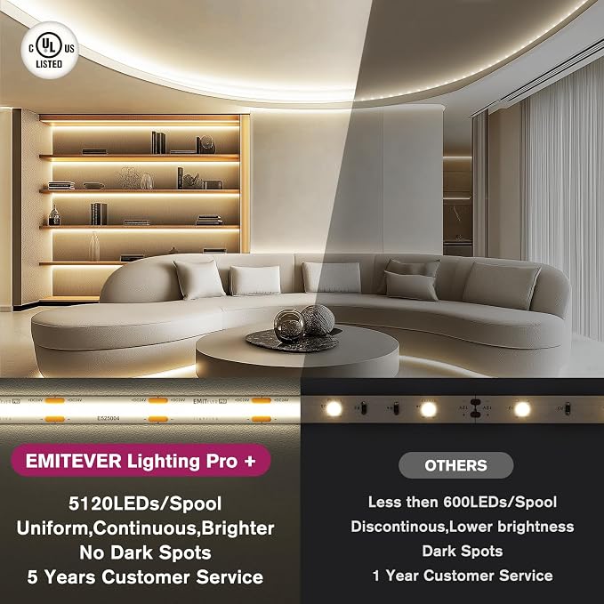 EMITEVER COB LED Strip Lights 4000K 24V, 32.8ft/10m, 5120LEDs, UL Listed | Neutral White Tape Light Premium High Density,for Bedroom,Kitchen,Cabinet,360+Lumens/ft,Ra 90+ (Power Supply Sold Separately)