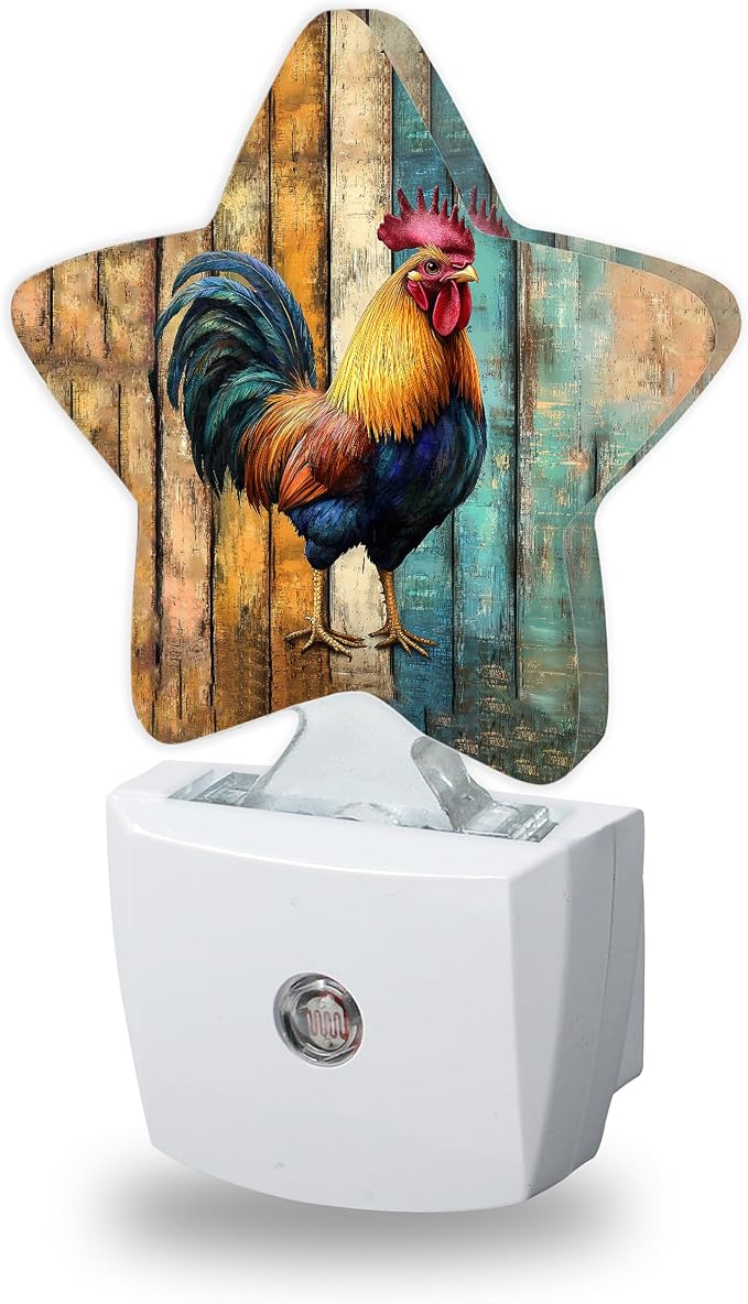 Chicken Rooster Nightlights Plug in Wall,Wooden Board Decorative Star Lamp with Automatic Lighting for Living Space,Gentle Glow for Kids Room,Hallway,Bathroom