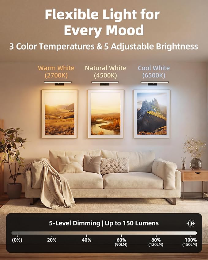 EZVALO Picture Light for Wall, 4800mAh 16'' Rechargeable Wireless with IR Remote Battery Lights for Painting, Dimmable Magnetic LED Art Display Light, Colors Temperatures, for Gallery, Living Room