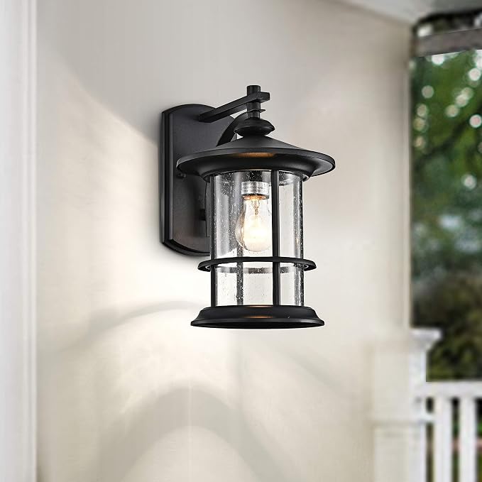 MICSIU 12.5 Inches Vintage Textured Black Outdoor Wall Sconce 2 Pack | Large Exterior Light Fixtures with Clear Seedy Glass, Waterproof Outsize Wall Mount Lantern for House, Porch, Garage