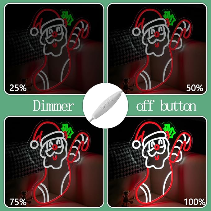 Merry Christmas Neon Sign Dimmable Santa Claus In Stockings Neon Light USB Powered Holly Led Light up Sign for Christmas Eve Party New Year Home Bar（16.5 * 12.6 In）