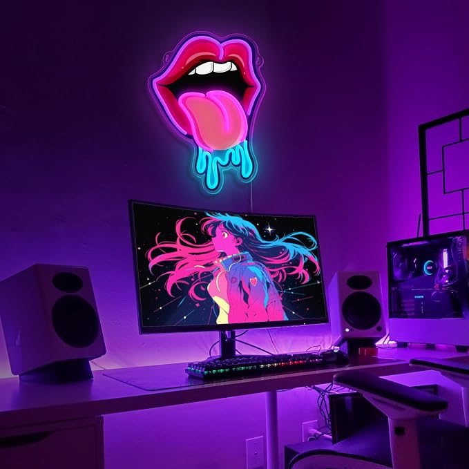 Lips Tongue Neon Sign Tongue LED Neon Light Up Sign for Wall Decor Tongue Drool LED Sign Neon Light for KTV Bar Pub Man Cave Bedroom Party Wedding Decor
