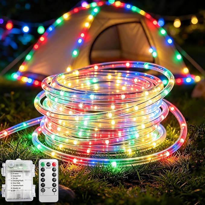 Rope Lights for Outside, 100LED Colorful Battery String Lights | Rope Lights Outdoor with 8 Modes Remote&Timer, Waterproof Battery Operated Camping Lights for Car Trampoline