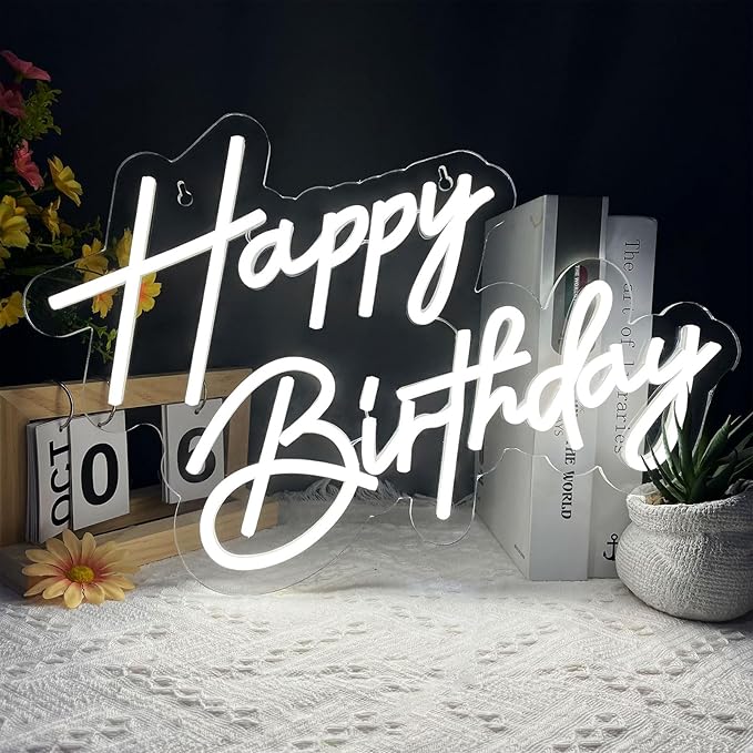 Happy Birthday Neon Sign for Wall Decor, 17×12 Inch White Led Neon Light Signs, Art Decoration Happy Birthday Neon Light Sign for All Birthday Party Decoration with 2 Pcs Pasters