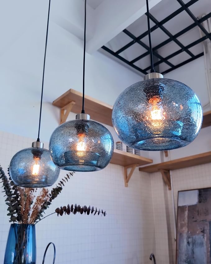 Glass Pendant Lights Kitchen Island, Marble Blue 8.7 Inch 2 Pack | Hand Blown Glass Ceiling Hanging Modern DiningTable,Adjustable Cord Brushed Nickel ETL Certification