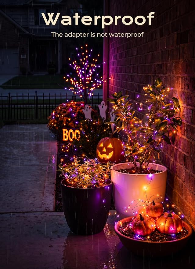 Halloween Fairy Lights Plug in, 33Ft 100LEDs Halloween String Lights, Waterproof Flexible Black Wire String Lights for Home Party Haunted House Indoor Outdoor Halloween Decorations, Orange & Purple