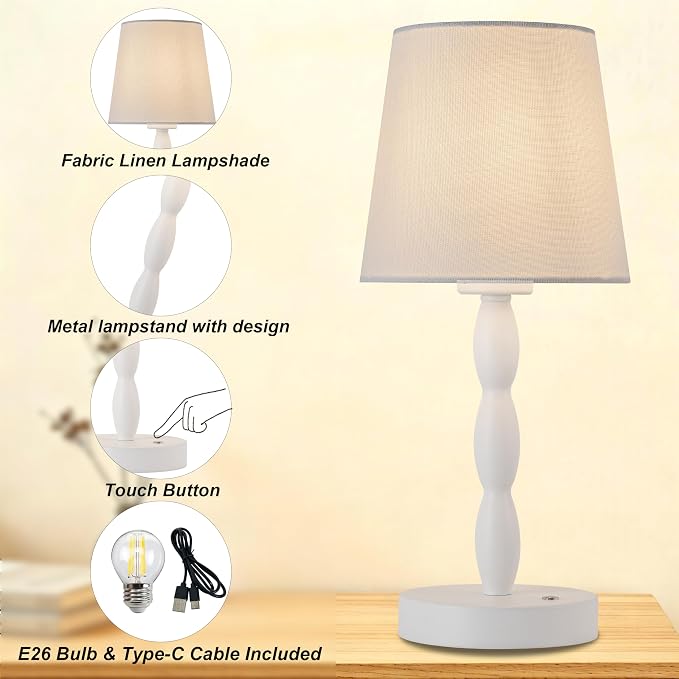Rechargeable Cordless Table Lamp, 5000mAh Battery Powered Touch Desk Lamp, 3-Level & Stepless Dimmable Night Light, Portable Bedside Lamp for Bedroom, Outdoor, Bulb Included, White