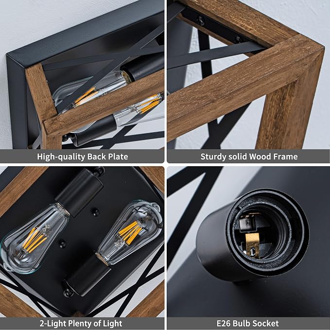 2-Light Farmhouse Light Fixture, Rustic Ceiling Light with Wood and Metal Design, Wood Ceiling Light for Kitchen, Hallway, Entryway, Cabinet, Living Room