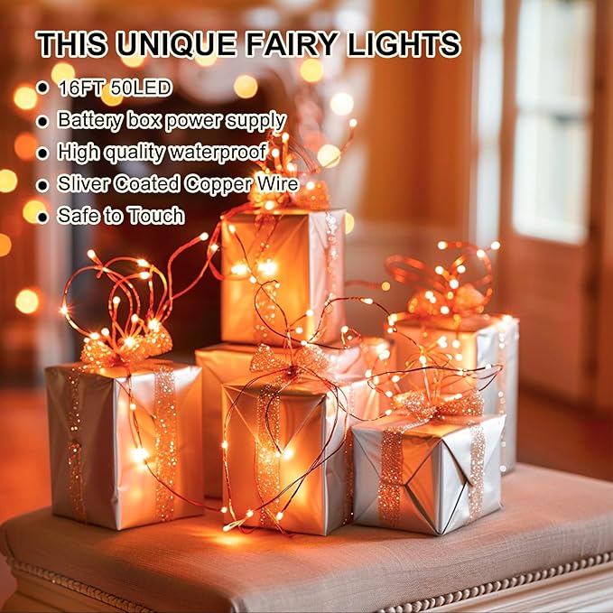 Orange Fairy Lights Battery Operated (Included), 8 Modes & Auto timer, 16FT 50Led Mini Twinkle Silver Wire Firefly Starry lights, Waterproof Battery Operated Lights for Party Bedroom Christmas