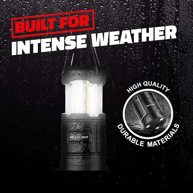 GearLight Camping Lantern - 2 Portable LED Battery Powered Lantern with Magnetic Base and Foldable Hook for Emergency Use or Campsites, Essential Hurricane Survival Kit with Batteries - Black