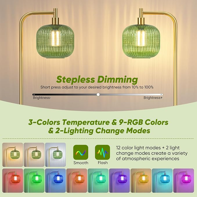 Cordless Floor Lamp for Living Room, 5400mAh Battery Operated Standing Lamp | Rechargeable Bulb Included, Stepless Dimmable, RGB Mode, Brushed Gold, Remote Control, Large Ribbed Glass Lampshade,Timer