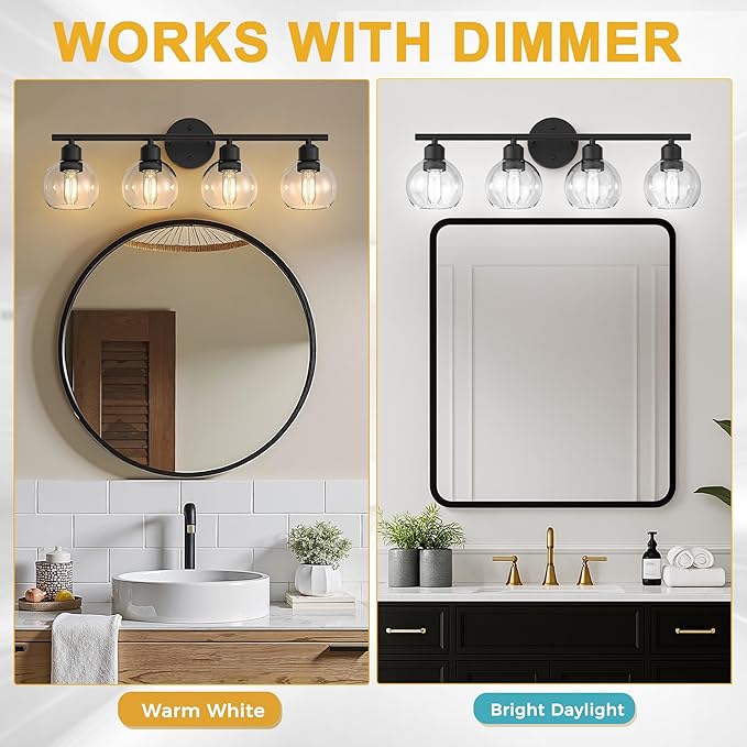 L LOHAS LED Black Bathroom Light Fixtures Over Mirror, 4-Light Vanity Light Fixtures with Clear Globe Glass Shades, Modern Vanity Lights for Bathroom Living Room Hallway Bedroom