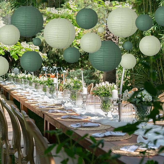 20Pcs Paper Lanterns Decorative, Green Round Hanging Lanterns for Wedding | 6"8"10" Hunter Green and Sage Green Paper Lanterns Decorations for Rustic Party Bridal Shower Birthday Home Classroom Decor