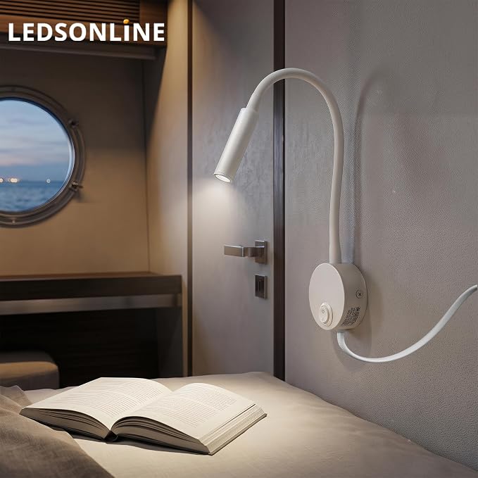 White Wall Light Bedside Reading Light, 25° Focused Beam 3000K Warm White Gooseneck Lamp for Bed Headboard, Wooden Board Mounted Sconce, 4.92ft Plug-in Cord, AC 85-265V
