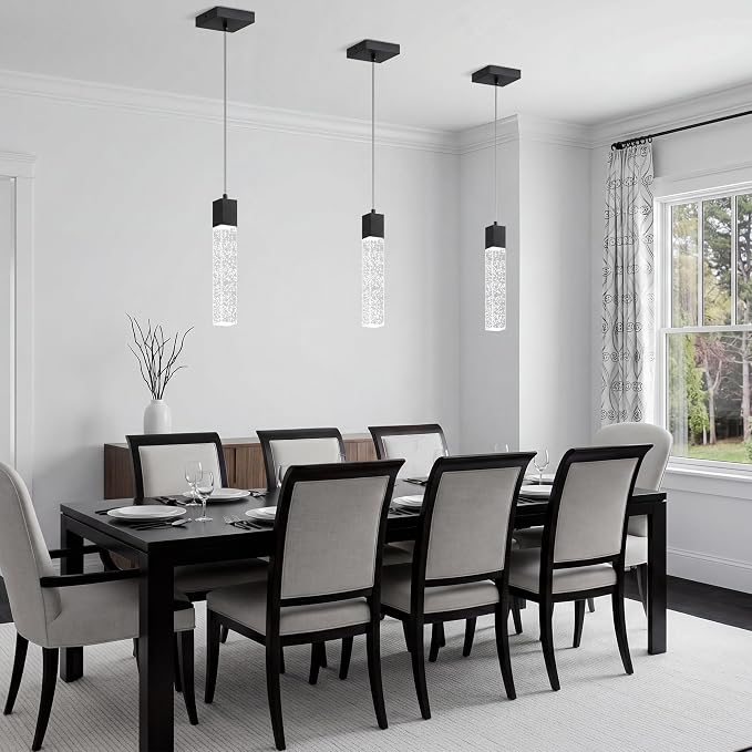 Pendant Lights Kitchen Island, 6500K Modern Kitchen Island Lights Brushed Black, 1 Pack Ceiling Lighting Fixtures with Crystal Bubble, Island Lights for Kitchen Dining Room Bedroom Hallway