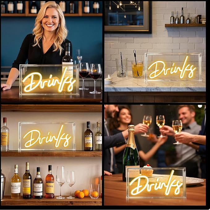 Drinks Neon Sign, Drinks Signs USB LED Desk Lightbox with ON/OFF Switch, Light Up Sign for Table Decor, Home Bar, Kitchen, Club, Pub, Restaurant Wall Decor & Bar Cart Accessories (Warm White)