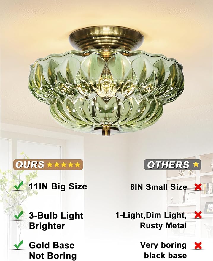 11" Semi-Flush Mount Ceiling Light,3-Bulb Green Glass Hallway Light Fixture | OYKYOHEI Indoor Lighting,Gold Close to Ceiling Light for Bathroom Dining Room Kitchen Foyer Laundry Decor,Easy Install