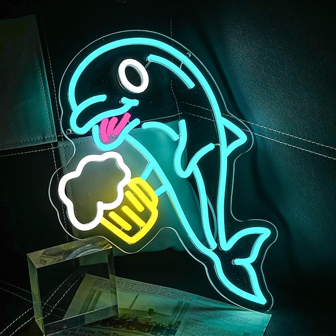 Dolphin Beer Neon Sign for Wall Decor, USB Powered Bar Neon Light, Dolphin Beer Led Light Sign for Bar, Bedroom, Man Cave, Business, Game Room