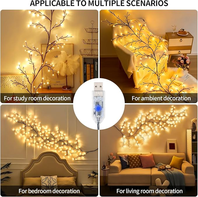7.55FT 144LED Brown USB Tree Branch Lights for Wall with USB Battery Box | Enchanted Willow Vine Lights for Bedroom Doors Wedding, Christmas with Remote Timer,8 Light Model,USB Battery Box
