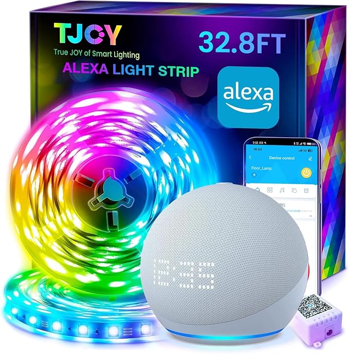 TJOY 32.8FT Smart Led Strip Lights for Bedroom Alexa Compatible Wireless | Music Sync, RGB Color Changing Lights for Room Decor(APP+Remote+Voice control)
