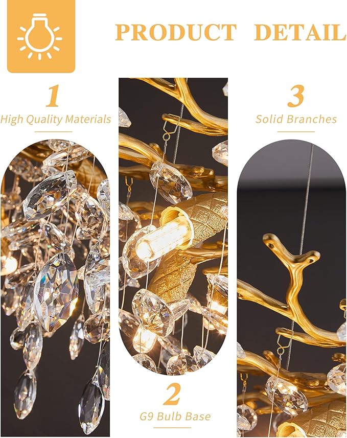 Tree Branch Chandelier Modern Gold Crystal Chandeliers 14 Lights Rectangular 47.2" Hanging Pendant Light Fixture for Kitchen Island Living Room Dining Room Foyer Entryway