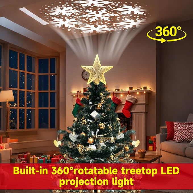 Christmas Star Tree Topper with Built-in Led Snowflake Projector Lights Hollowed Pentagram Golden Tree Topper,Plug in Christmas Tree Ornament for Indoor New Year Holiday Tree Decoration