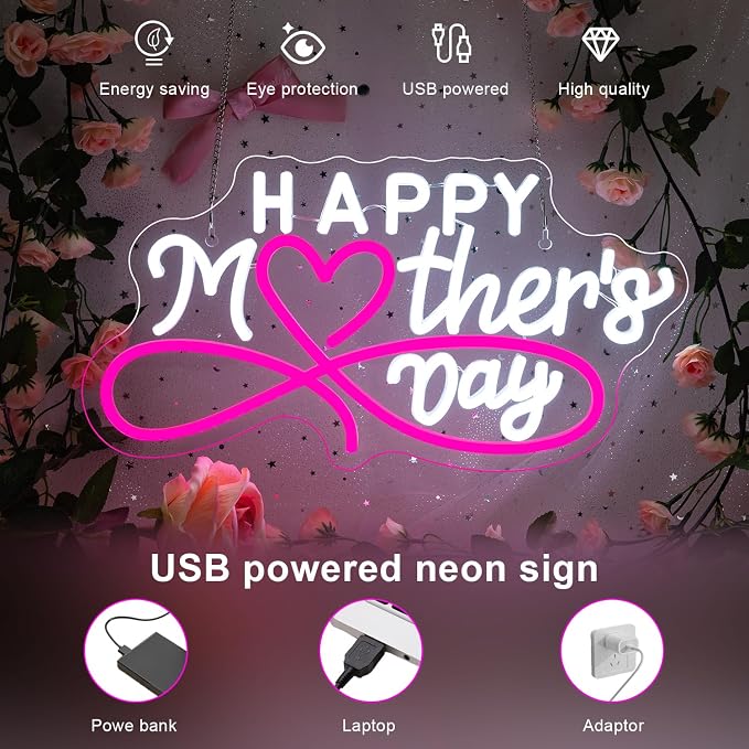 Happy Mother's Day Neon Sign Pink LED Mothers Signs Art Wall Decor in Home Room Bedroom Love Mom Neon LED Light Up Mother's Day for Mom Family in Birthday Party Gifts