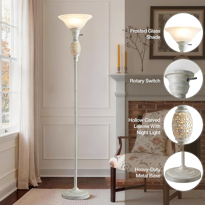70" Torchiere Floor Lamp with NightLight, Etched Glass Shade, Bulb Included | Floor Lamps for Living Room, Bedroom, Office - vintage floor lamp with Rotary Switch , Home Decor, Bulb Included