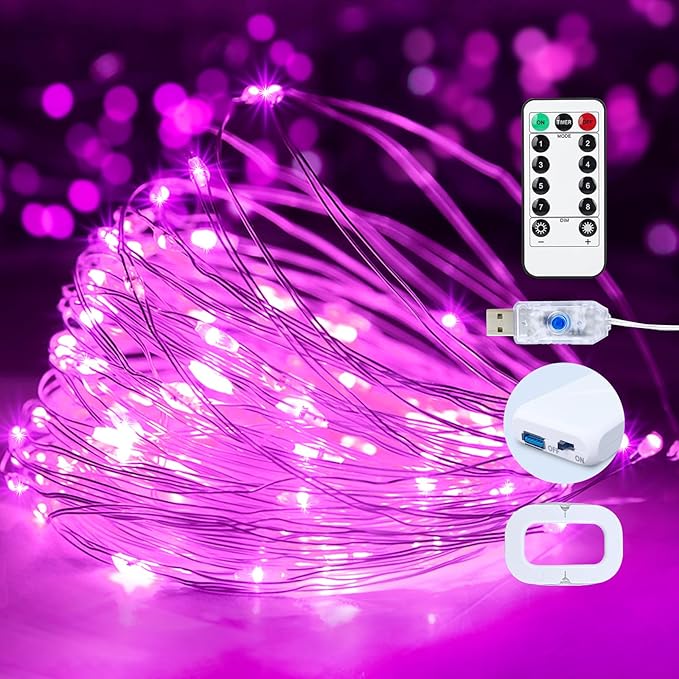 2Pack USB Plug in Fairy String Lights,16ft 50 LED Copper with Remote and Timer, 8 Modes Waterproof Twinkle String Lights Battery Powered for Bedroom Indoor Party Wedding Christmas Decoration (Pink)