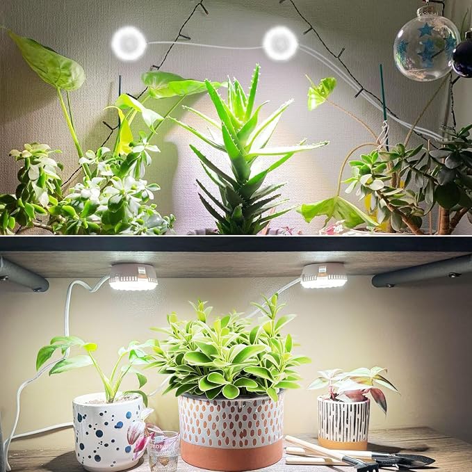 Puck Grow Lights for Indoor Plants, Dual 5W+5W Heads with Timer | Timer supports 4-, 8-, or 12-hour cycles with four brightness levels.