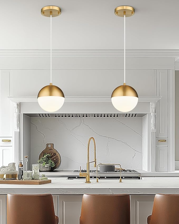 Mid Century Pendant Lights, Brushed Gold Kitchen Island Light Fixtures with White Globe Glass Shade, Adjustable Hanging Cord, 2-Pack for Home Office Dining Room Bathroom, LMS-186PL-BGWS2PK