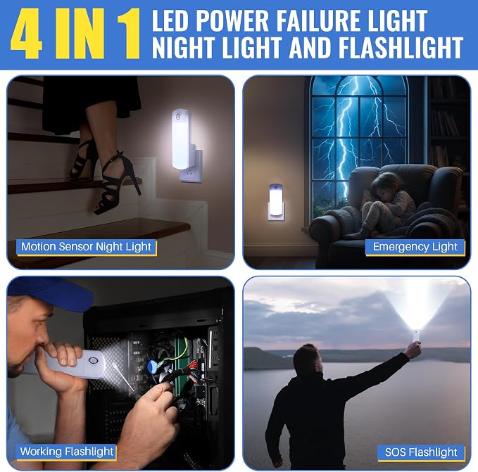 3 Pack 4 in 1 LED Power Failure Light for Home Emergency Power Outage | Rechargeable Plug in Flashlights with Motion Sensor, LED Emergency Light for Home Power Failure Black Outs Hurricane Supplies