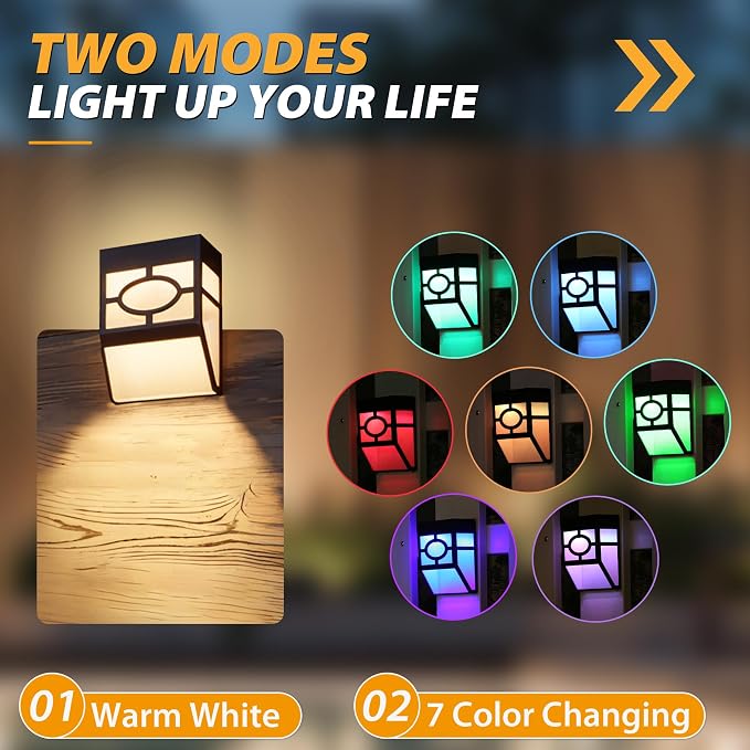 Otdair Solar Deck Lights Outdoor, 2 Modes Decorative Solar Fence Lights with RGB 7 Colors & Warm White, IP65 Waterproof Garden Decor for Yard, Patio, Front Door, Post, Landscape 8 Pack