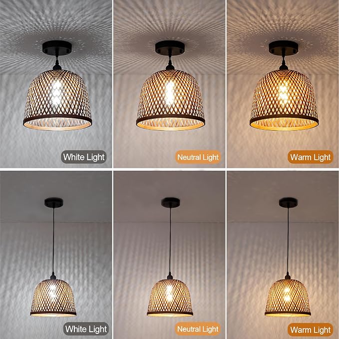 3-Pack Bamboo Pendant Light,Mini Brown Rattan Chandelier | Boho Curry Bamboo Rattan Pendant Lights,Hand Woven Rattan Chandelier for Kitchen Island Dining Bedroom Living Room