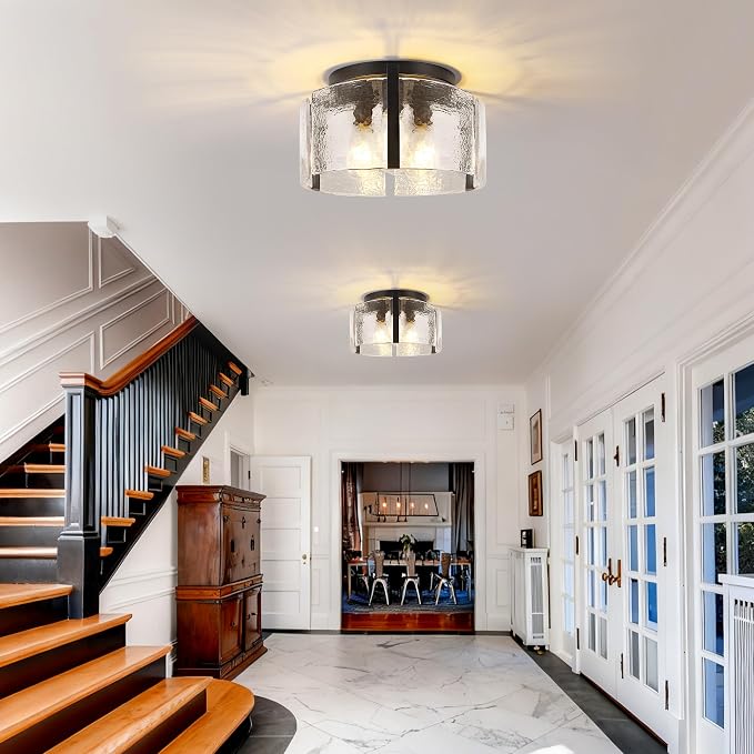 Black Semi Flush Mount Ceiling Light 15'', 3-Light Modern Farmhouse Glass Light Fixture, Dimmable Close to Ceiling Mount for Hallway, Kitchen Island, Entryway, Bedroom, Bathroom, Laundry Industrial