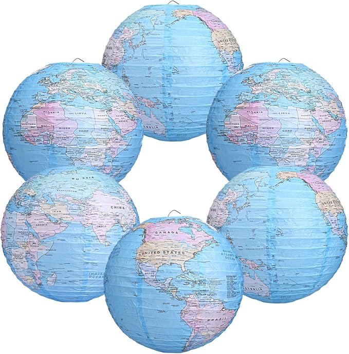Globe Hanging Paper Lanterns, Around The World Earth Day Decorations, Travel Themed Paper Lanterns for Classroom Decorations Travel Party Decorations (12 inch, 6pcs)