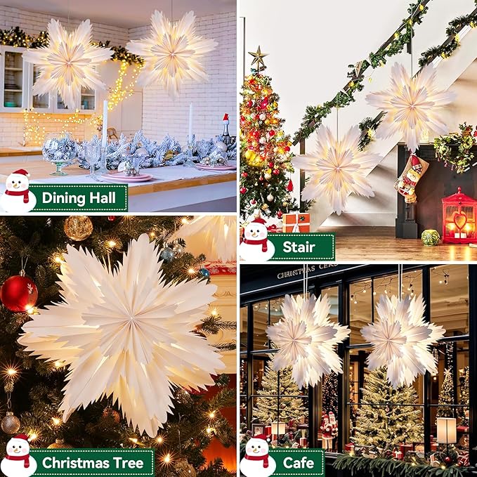 Lewondr Christmas Paper Star Lantern 2 Pack, Hanging Cherry Blossom Light with Remote Control, LED Paper Lanterns with 6H Timer for Holiday Home Decoration, 17.72 × 17.72 × 1.97 Inch, Warm Light