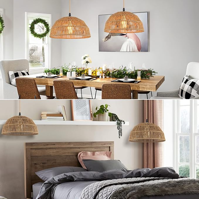 Plug in Pendant Light, Hanging Lights with 15ft Golden Cotton Cord & Stepless Dimming Switch, Handwoven Hemp Rope Lampshade, Boho Hanging Lamp for Kitchen, Hallway (Bulb & 2 Swag Hooks Included)