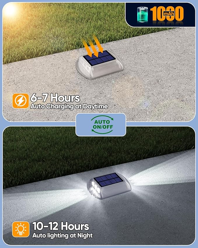 DetarZinLED Solar Driveway Lights Outdoor IP68 Waterproof Led 8 Pack White | Sturdy PC Shell, Stick on & Screw Mount, Markers Light for Outside Deck, Driveway, Step, Walkway, Patio, Pathway, Stair, pool