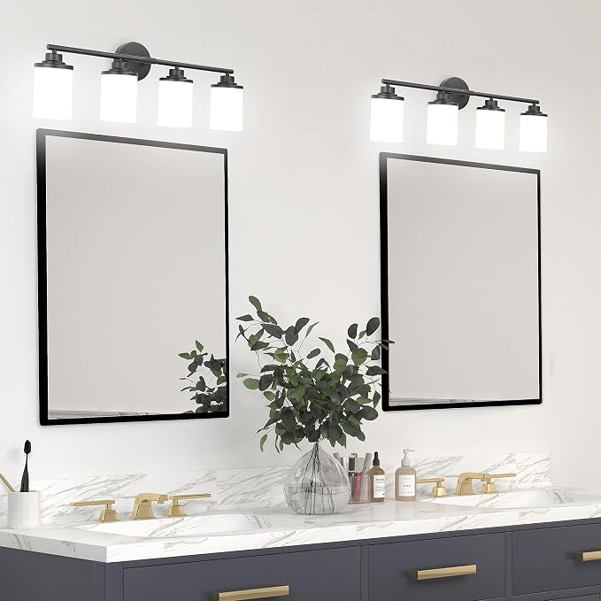 Bathroom Light Fixtures,Matte Black Bathroom Lights,4-Light Vanity Light Over Mirror,Modern Vanity Light Fixture with Frosted Glass