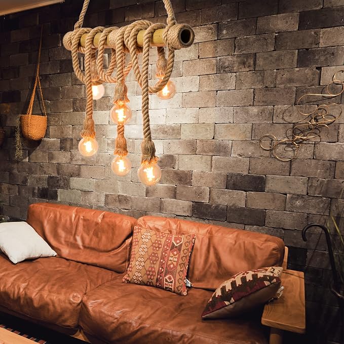 Arturesthome 6 Heads Hemp Rope Pendant Light, Vintage Bamboo Chandeliers Fixture Kitchen Island, Rustic Industrial Hanging Lamp for Bedroom Restaurant Cafe Bar Country Style Decoration