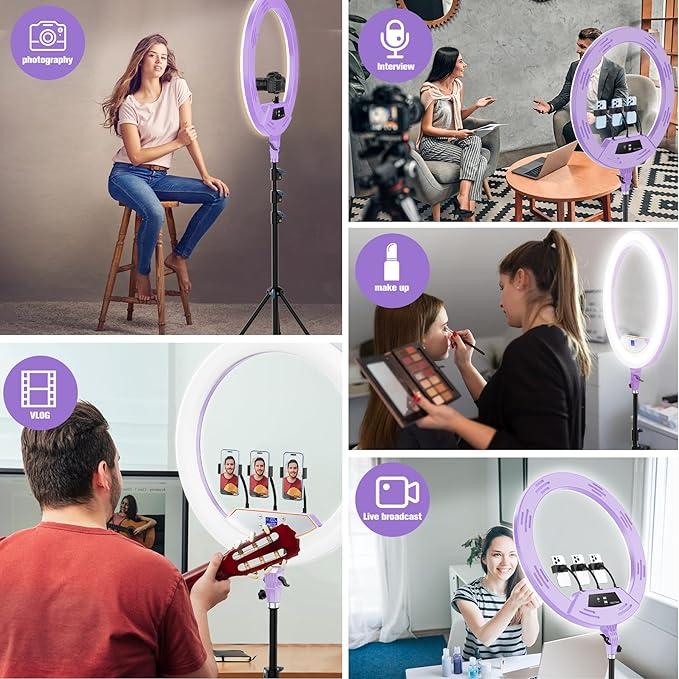22"Ring Light with Stand,Ring Light Tripod for iPhone ipad,with 75"Tripod/LCD Display/4 ipad iPhone Clips/2 USB Ports,2600K-6500K Color Temperature,for Barber Makeup Tattoo TikTok Video Recording Vlog