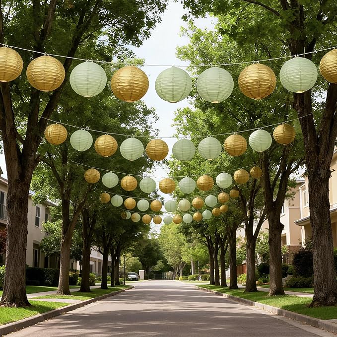 20Pcs Paper Lanterns Decorative, Sage Green and Gold 6"8"10" for Home Decor | Round Hanging Paper Lanterns Decorations for Rustic Party Bridal Shower Wedding Engagement Birthday Classroom Ceiling Decor