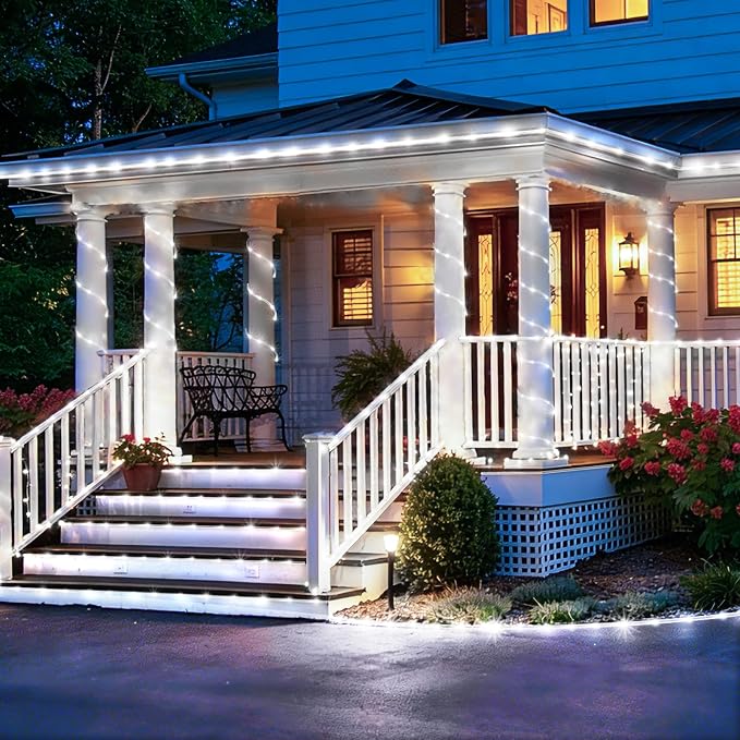 KNONEW Solar Rope Lights Outdoor 2 Packs Total 600LED 100FT Solar String Light Outside Waterproof with 8 Modes Clear Thin Tube for Pool Patio Garden Fence Camping Yard Deck Trampoline（Cool White）